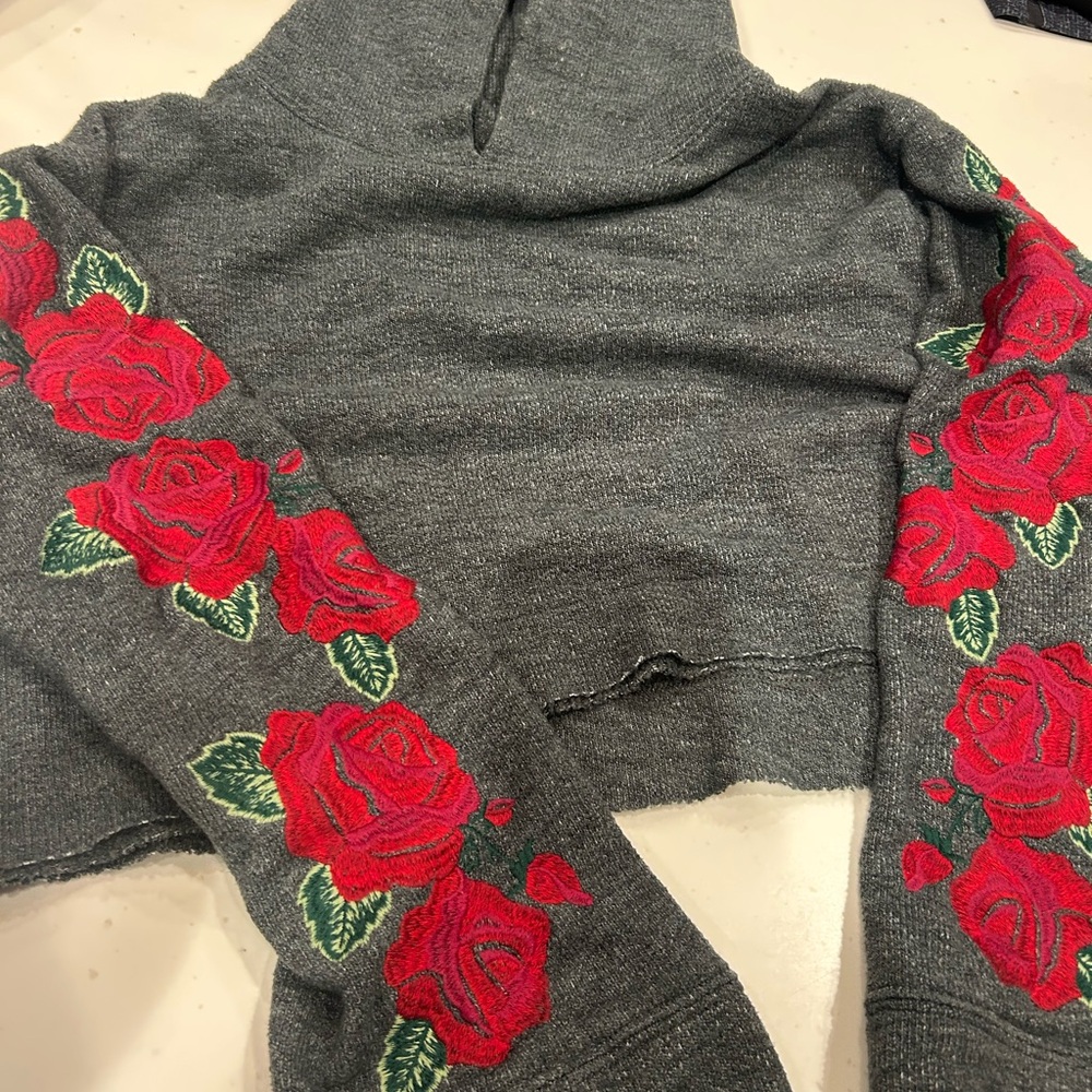 Gray Hooded crop sweater medium with Red Rose Embroidery- spiritual gangster